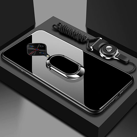 Vivo X50 Lite用ハイブリットバンパーケース プラスチック 鏡面 カバー アンド指輪 マグネット式 Vivo ブラック