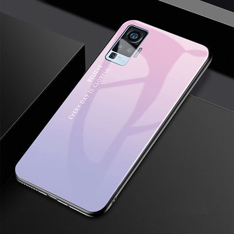 Vivo X50 Pro 5G用ハイブリットバンパーケース プラスチック 鏡面 虹 グラデーション 勾配色 カバー Vivo ピンク