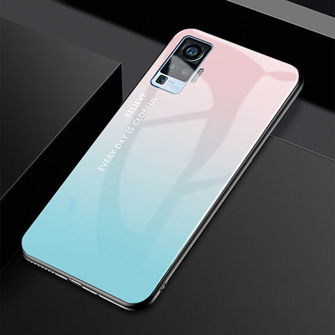 Vivo X50 Pro 5G用ハイブリットバンパーケース プラスチック 鏡面 虹 グラデーション 勾配色 カバー Vivo ブルー