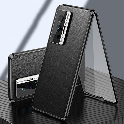 Vivo X70 Pro 5G用360度 フルカバー ケース 高級感 手触り良い アルミメタル 製の金属製 と レザー Vivo ブラック