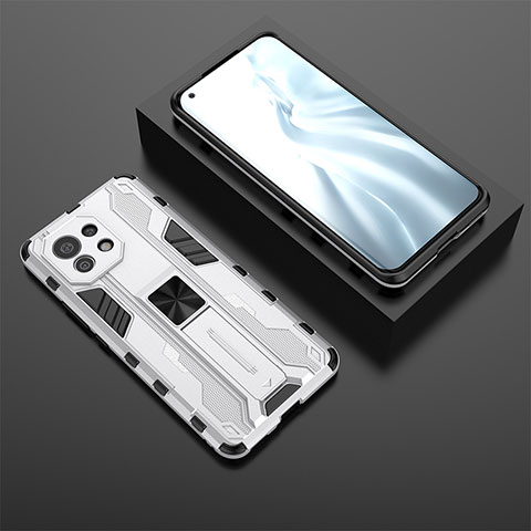 Xiaomi Mi 11 5G用ハイブリットバンパーケース スタンド プラスチック 兼シリコーン カバー マグネット式 H03 Xiaomi ホワイト