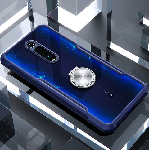 Xiaomi Mi 9T用360度 フルカバーハイブリットバンパーケース クリア透明 プラスチック 鏡面 アンド指輪 マグネット式 T01 Xiaomi ネイビー