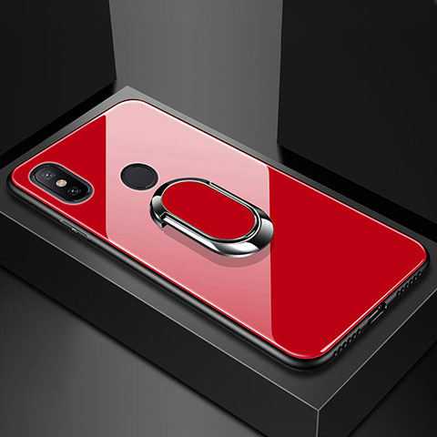 Xiaomi Mi Max 3用ハイブリットバンパーケース プラスチック 鏡面 カバー アンド指輪 マグネット式 Xiaomi レッド