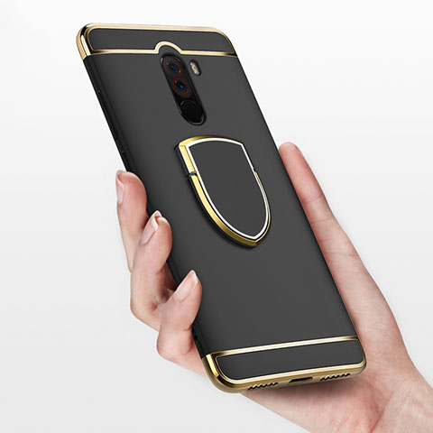 Xiaomi Pocophone F1用ケース 高級感 手触り良い メタル兼プラスチック バンパー アンド指輪 Xiaomi ブラック