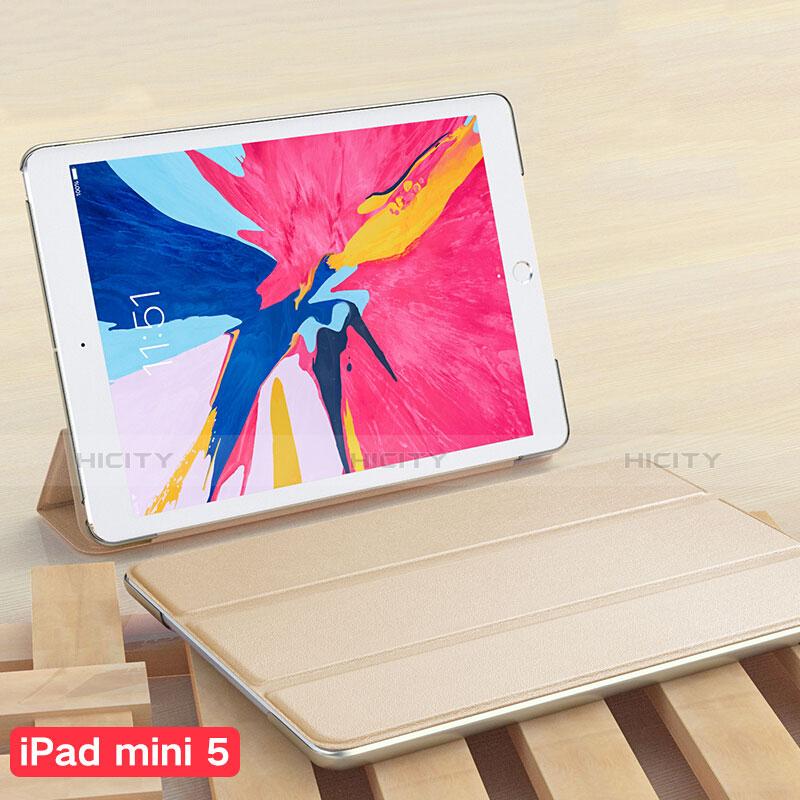 Apple iPad Mini 5 (2019)用手帳型 レザーケース スタンド アップル ゴールド