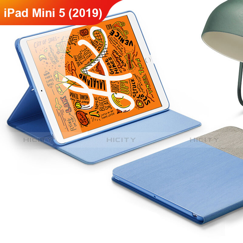 Apple iPad Mini 5 (2019)用手帳型 レザーケース スタンド L02 アップル ブルー