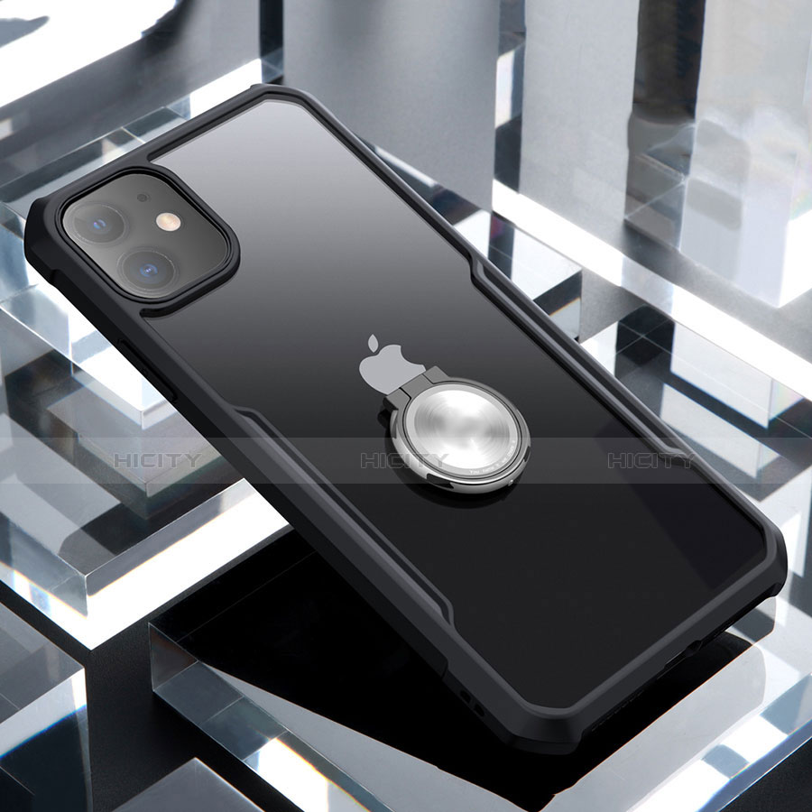 Apple iPhone 11用360度 フルカバーハイブリットバンパーケース クリア透明 プラスチック 鏡面 アンド指輪 マグネット式 アップル ブラック
