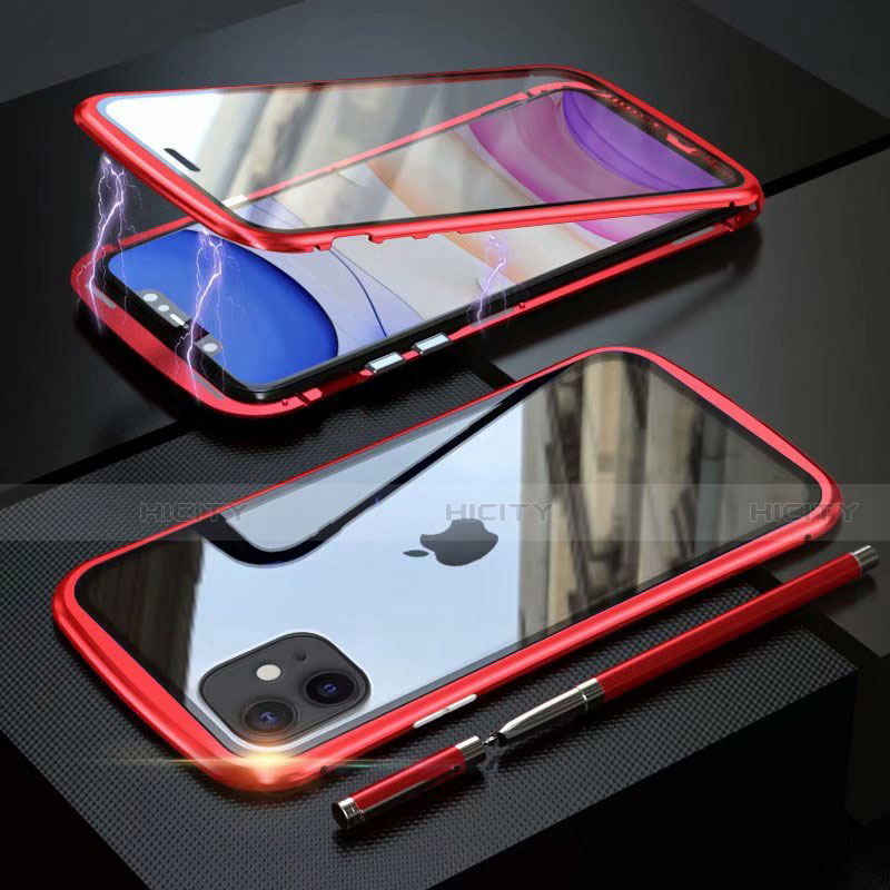 Apple iPhone 11用ケース 高級感 手触り良い アルミメタル 製の金属製 360度 フルカバーバンパー 鏡面 カバー M07 アップル レッド