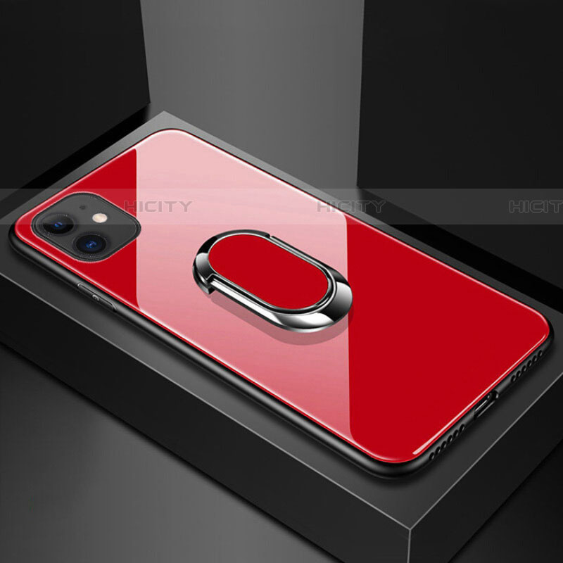 Apple iPhone 11用ハイブリットバンパーケース プラスチック 鏡面 カバー アンド指輪 マグネット式 T01 アップル レッド