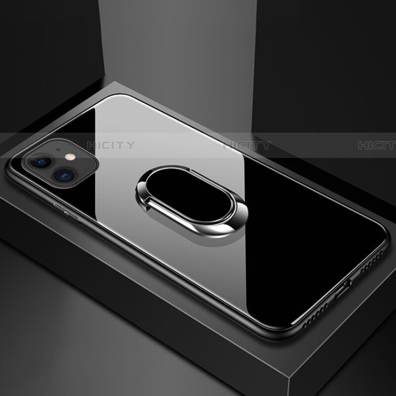 Apple iPhone 11用ハイブリットバンパーケース プラスチック 鏡面 カバー アンド指輪 マグネット式 T01 アップル ブラック
