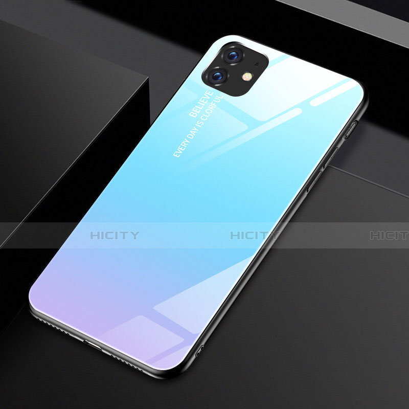 Apple iPhone 11用ハイブリットバンパーケース プラスチック 鏡面 虹 グラデーション 勾配色 カバー H01 アップル ブルー