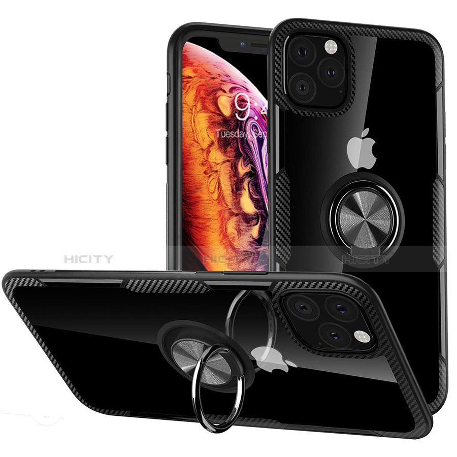 Apple iPhone 11 Pro用360度 フルカバーハイブリットバンパーケース クリア透明 プラスチック 鏡面 アンド指輪 マグネット式 M02 アップル ブラック