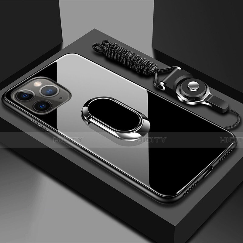 Apple iPhone 11 Pro用ハイブリットバンパーケース プラスチック 鏡面 カバー アンド指輪 マグネット式 T01 アップル ブラック