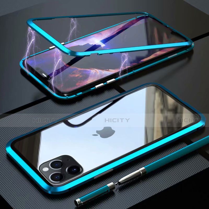 Apple iPhone 11 Pro Max用ケース 高級感 手触り良い アルミメタル 製の金属製 360度 フルカバーバンパー 鏡面 カバー M14 アップル シアン