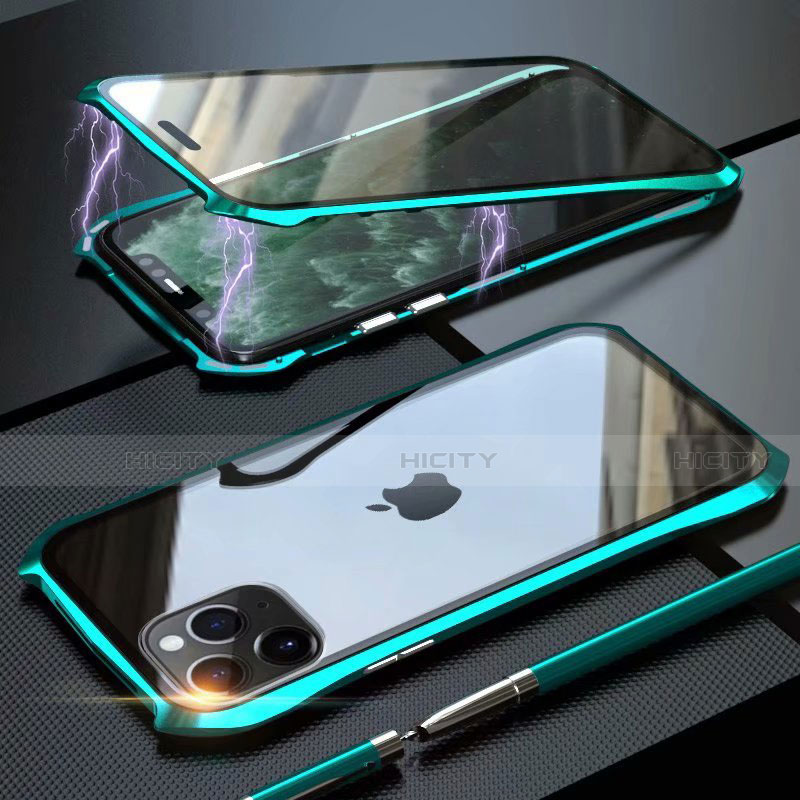 Apple iPhone 11 Pro Max用ケース 高級感 手触り良い アルミメタル 製の金属製 360度 フルカバーバンパー 鏡面 カバー M10 アップル シアン
