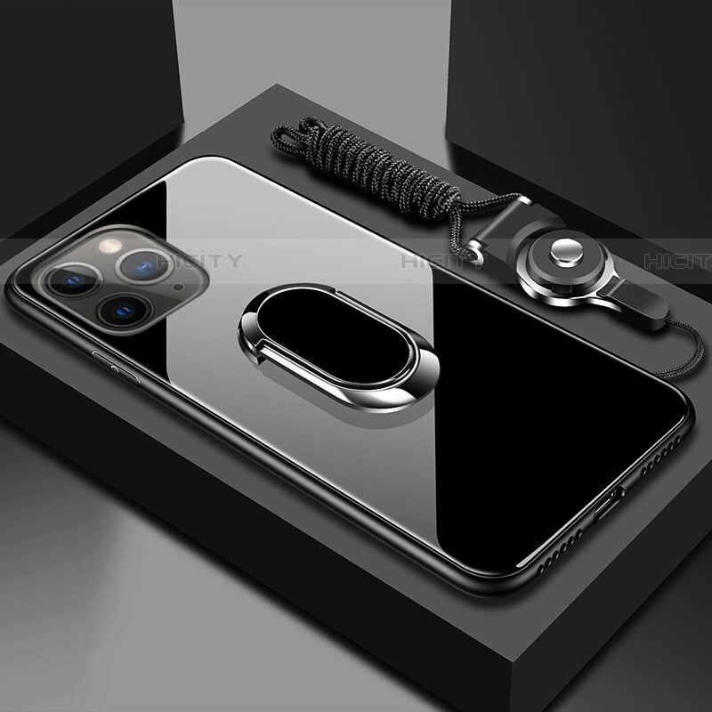 Apple iPhone 11 Pro Max用ハイブリットバンパーケース プラスチック 鏡面 カバー アンド指輪 マグネット式 T01 アップル ブラック