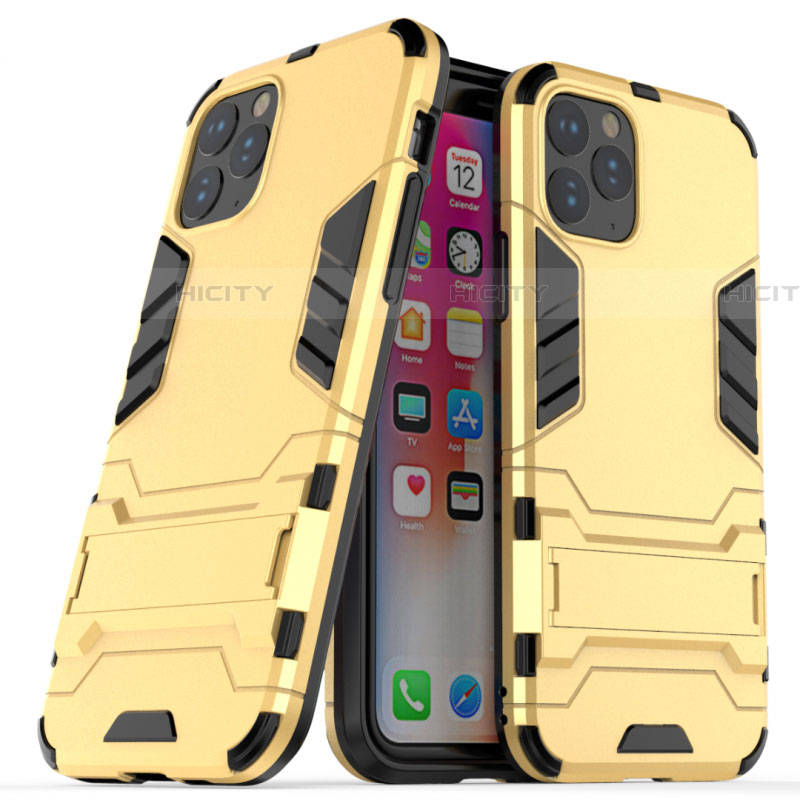 Apple iPhone 11 Pro Max用ハイブリットバンパーケース スタンド プラスチック 兼シリコーン カバー R03 アップル ゴールド