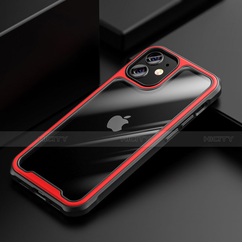 Apple iPhone 12用ハイブリットバンパーケース クリア透明 プラスチック 鏡面 カバー M03 アップル レッド