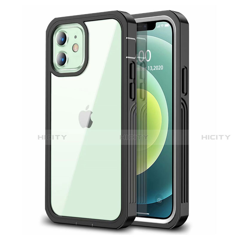 Apple iPhone 12用360度 フルカバーハイブリットバンパーケース クリア透明 プラスチック 鏡面 アップル ブラック