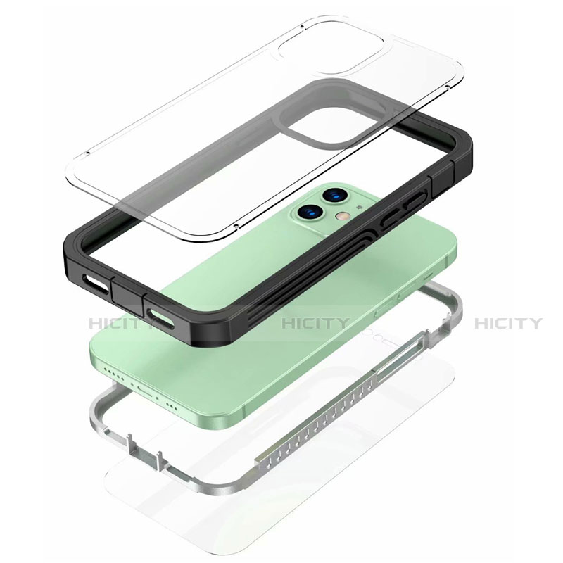 Apple iPhone 12用360度 フルカバーハイブリットバンパーケース クリア透明 プラスチック 鏡面 アップル ブラック
