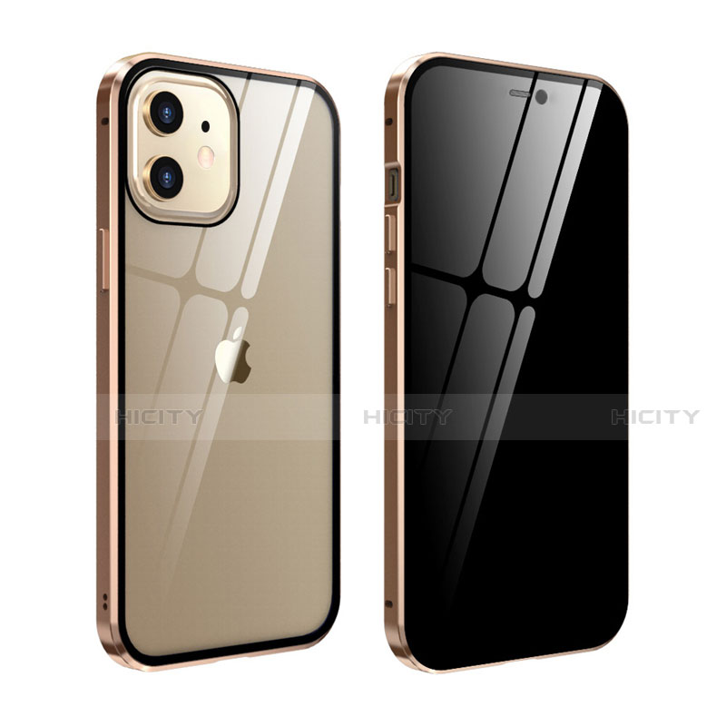 Apple iPhone 12用ケース 高級感 手触り良い アルミメタル 製の金属製 360度 フルカバーバンパー 鏡面 カバー T05 アップル ゴールド