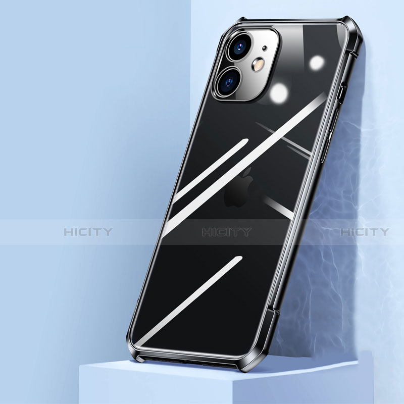 Apple iPhone 12用ハイブリットバンパーケース クリア透明 プラスチック 鏡面 カバー H02 アップル ブラック
