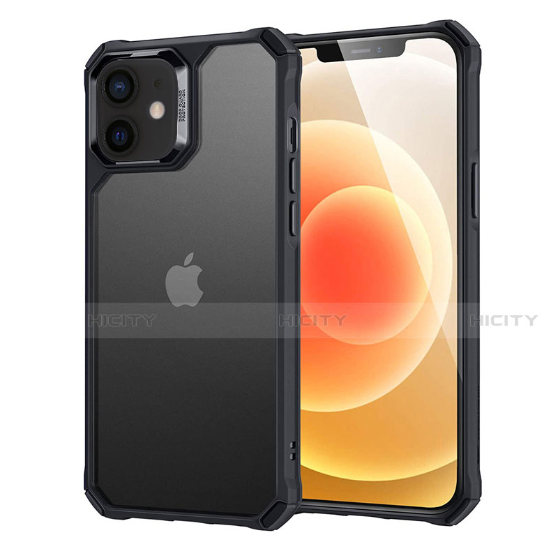 Apple iPhone 12用ハイブリットバンパーケース クリア透明 プラスチック 鏡面 カバー H04 アップル ブラック
