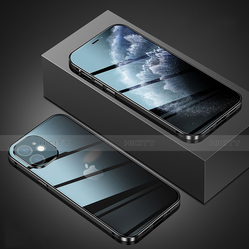 Apple iPhone 12用ケース 高級感 手触り良い アルミメタル 製の金属製 360度 フルカバーバンパー 鏡面 カバー T02 アップル ブラック