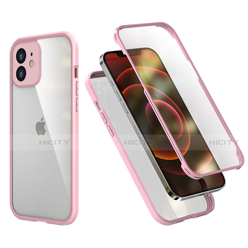 Apple iPhone 12用ハイブリットバンパーケース プラスチック 兼シリコーン カバー 前面と背面 360度 フル R05 アップル ピンク