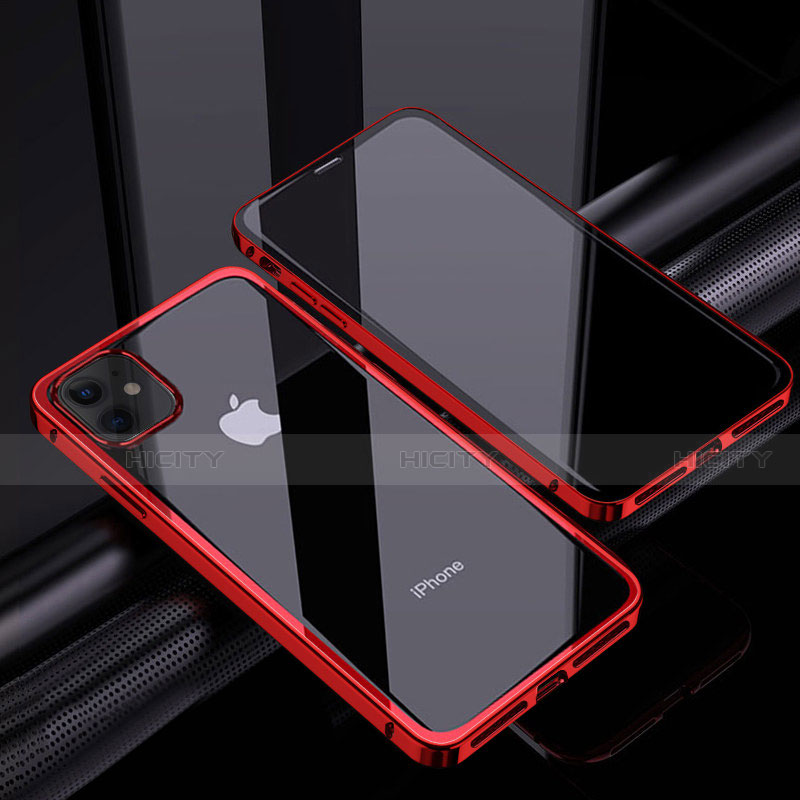 Apple iPhone 12用ケース 高級感 手触り良い アルミメタル 製の金属製 360度 フルカバーバンパー 鏡面 カバー T06 アップル レッド