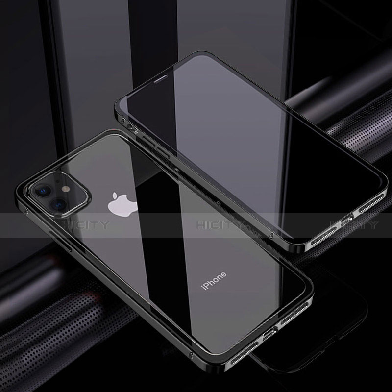 Apple iPhone 12用ケース 高級感 手触り良い アルミメタル 製の金属製 360度 フルカバーバンパー 鏡面 カバー T06 アップル ブラック