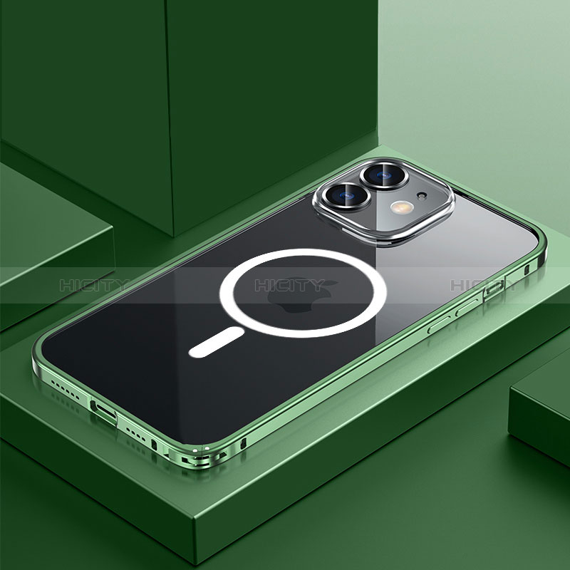 Apple iPhone 12用ケース 高級感 手触り良い メタル兼プラスチック バンパー Mag-Safe 磁気 Magnetic QC3 アップル グリーン
