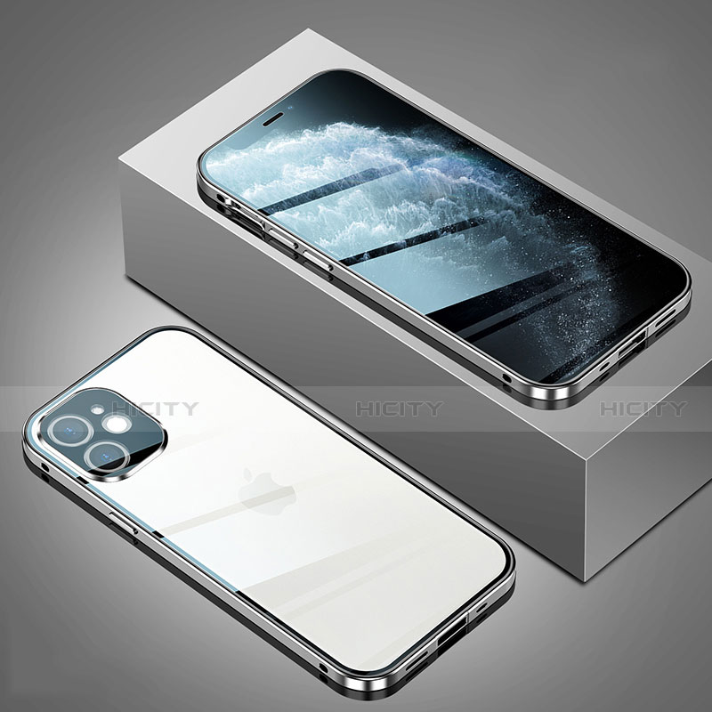 Apple iPhone 12 Mini用ケース 高級感 手触り良い アルミメタル 製の金属製 360度 フルカバーバンパー 鏡面 カバー T02 アップル シルバー