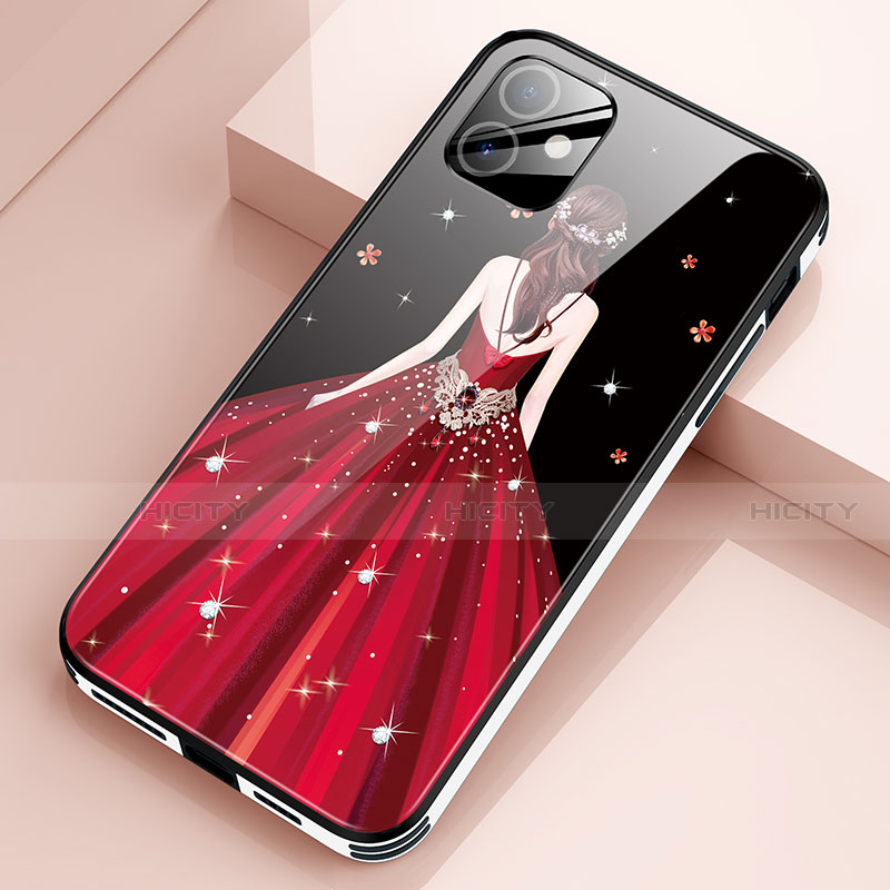 Apple iPhone 12 Mini用ハイブリットバンパーケース プラスチック ドレスガール ドレス少女 鏡面 カバー アップル ワインレッド