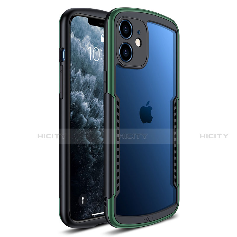 Apple iPhone 12 Mini用ハイブリットバンパーケース クリア透明 プラスチック 鏡面 カバー H01 アップル グリーン