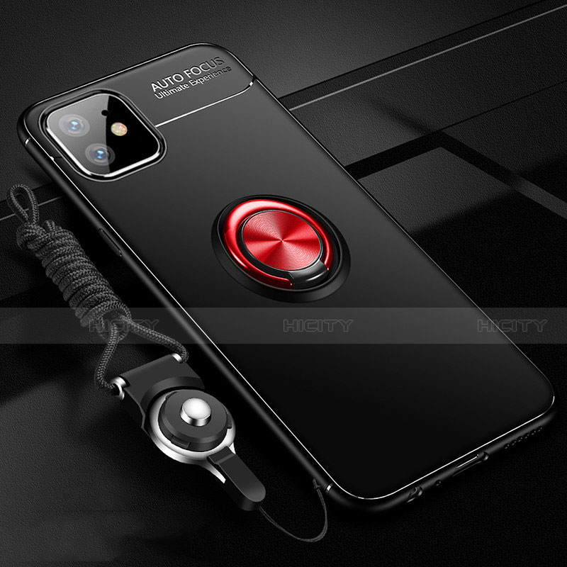 Apple iPhone 12 Mini用極薄ソフトケース シリコンケース 耐衝撃 全面保護 アンド指輪 マグネット式 バンパー N03 アップル レッド・ブラック
