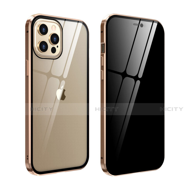 Apple iPhone 12 Pro用ケース 高級感 手触り良い アルミメタル 製の金属製 360度 フルカバーバンパー 鏡面 カバー T05 アップル ゴールド