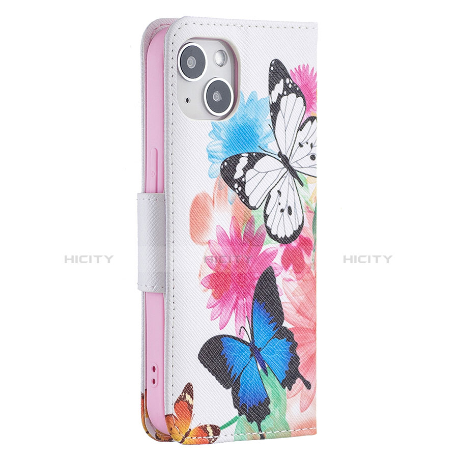 Apple iPhone 13 Mini用手帳型 レザーケース スタンド バタフライ 蝶 カバー L01 アップル ピンク