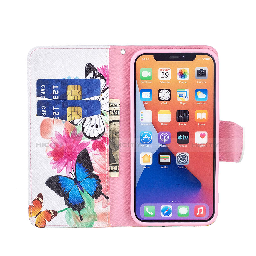 Apple iPhone 13 Mini用手帳型 レザーケース スタンド バタフライ 蝶 カバー L01 アップル ピンク