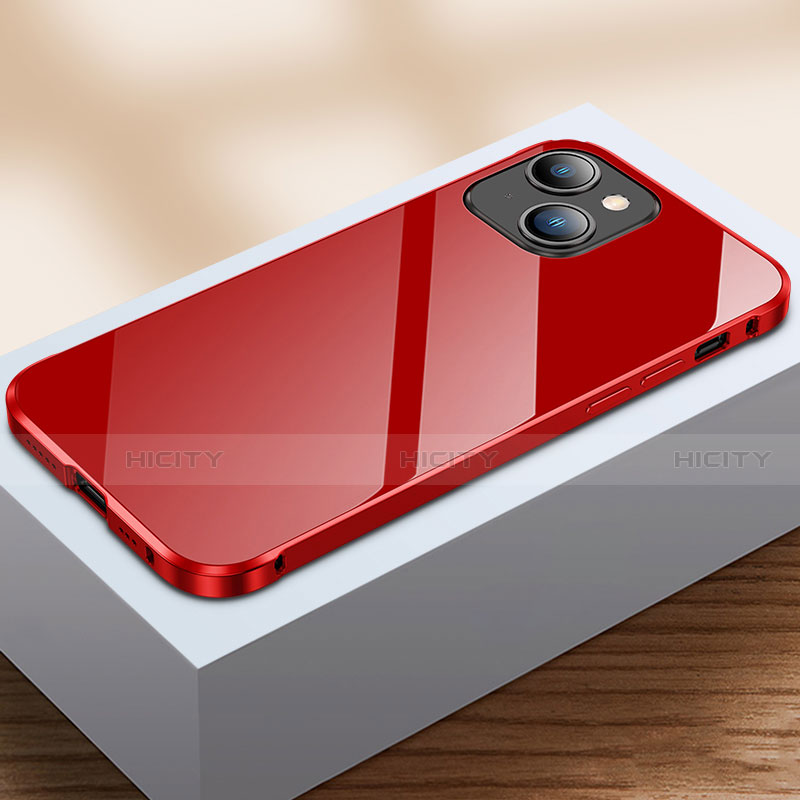 Apple iPhone 13 Mini用ケース 高級感 手触り良い アルミメタル 製の金属製 360度 フルカバーバンパー 鏡面 カバー M07 アップル レッド
