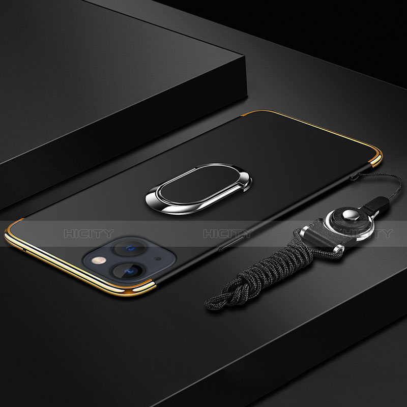 Apple iPhone 13 Mini用ケース 高級感 手触り良い メタル兼プラスチック バンパー アンド指輪 亦 ひも アップル ブラック