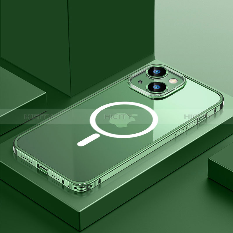 Apple iPhone 13 Mini用ケース 高級感 手触り良い メタル兼プラスチック バンパー Mag-Safe 磁気 Magnetic QC3 アップル グリーン