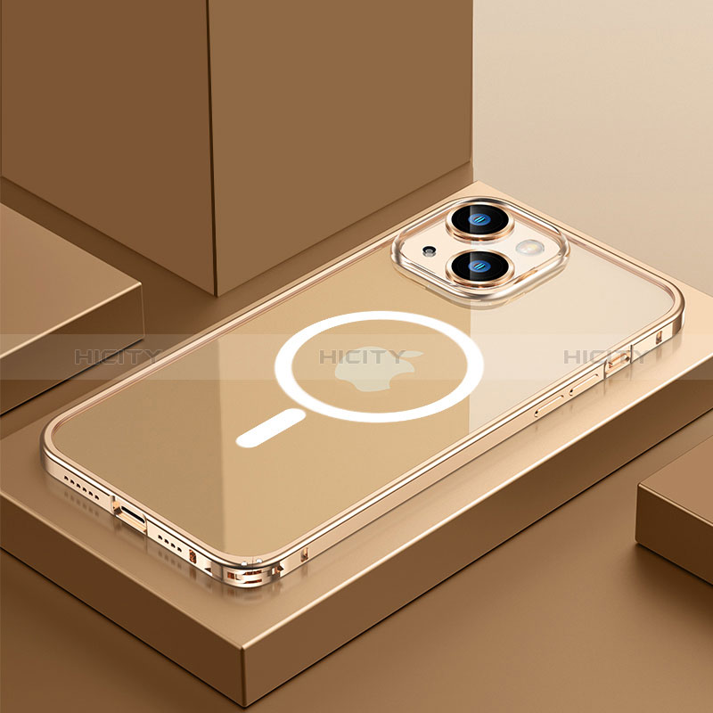 Apple iPhone 13 Mini用ケース 高級感 手触り良い メタル兼プラスチック バンパー Mag-Safe 磁気 Magnetic QC3 アップル ゴールド