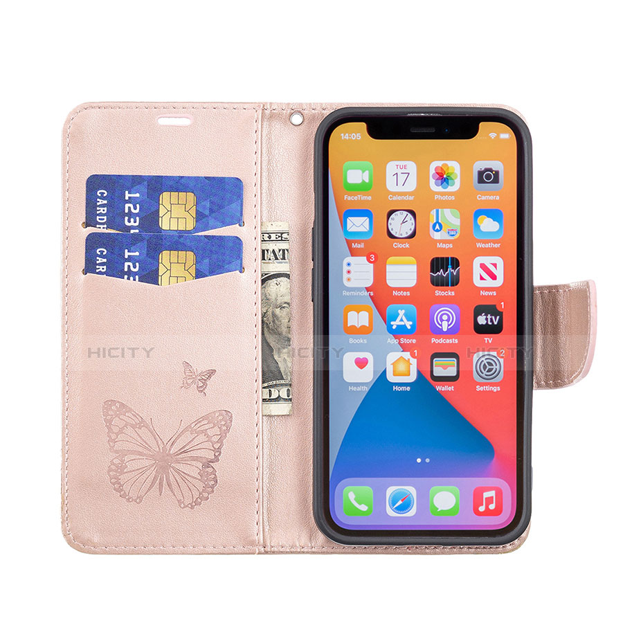 Apple iPhone 13 Pro用手帳型 レザーケース スタンド バタフライ 蝶 カバー L09 アップル ピンク