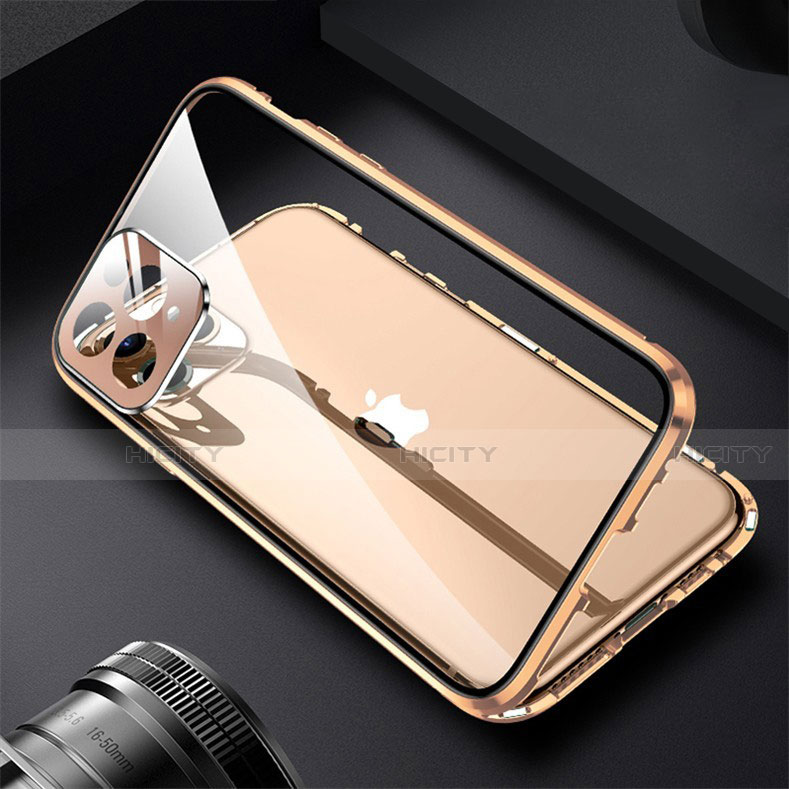 Apple iPhone 13 Pro用ケース 高級感 手触り良い アルミメタル 製の金属製 360度 フルカバーバンパー 鏡面 カバー M09 アップル ゴールド
