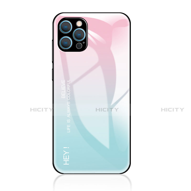 Apple iPhone 13 Pro用ハイブリットバンパーケース プラスチック 鏡面 虹 グラデーション 勾配色 カバー アップル シアン