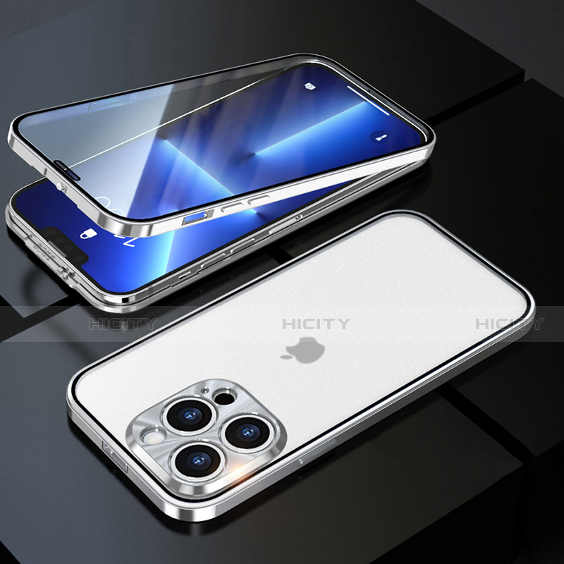 Apple iPhone 13 Pro用ケース 高級感 手触り良い アルミメタル 製の金属製 360度 フルカバーバンパー 鏡面 カバー M01 アップル シルバー