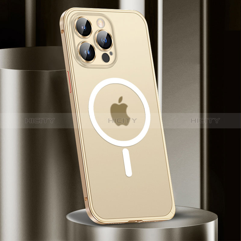 Apple iPhone 13 Pro用ケース 高級感 手触り良い メタル兼プラスチック バンパー Mag-Safe 磁気 Magnetic JL2 アップル ゴールド