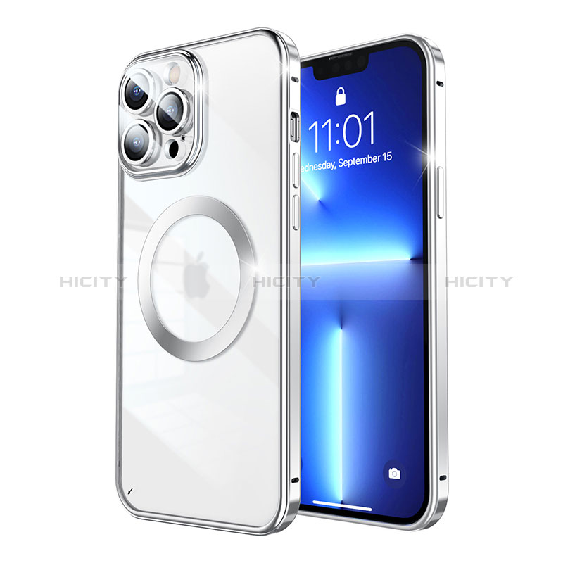 Apple iPhone 13 Pro用ケース 高級感 手触り良い メタル兼プラスチック バンパー Mag-Safe 磁気 Magnetic LF5 アップル シルバー