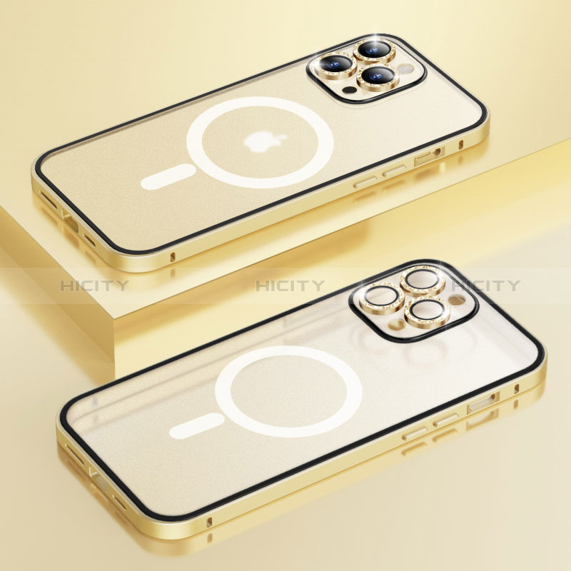 Apple iPhone 13 Pro用ケース 高級感 手触り良い メタル兼プラスチック バンパー Mag-Safe 磁気 Magnetic Bling-Bling LF1 アップル ゴールド